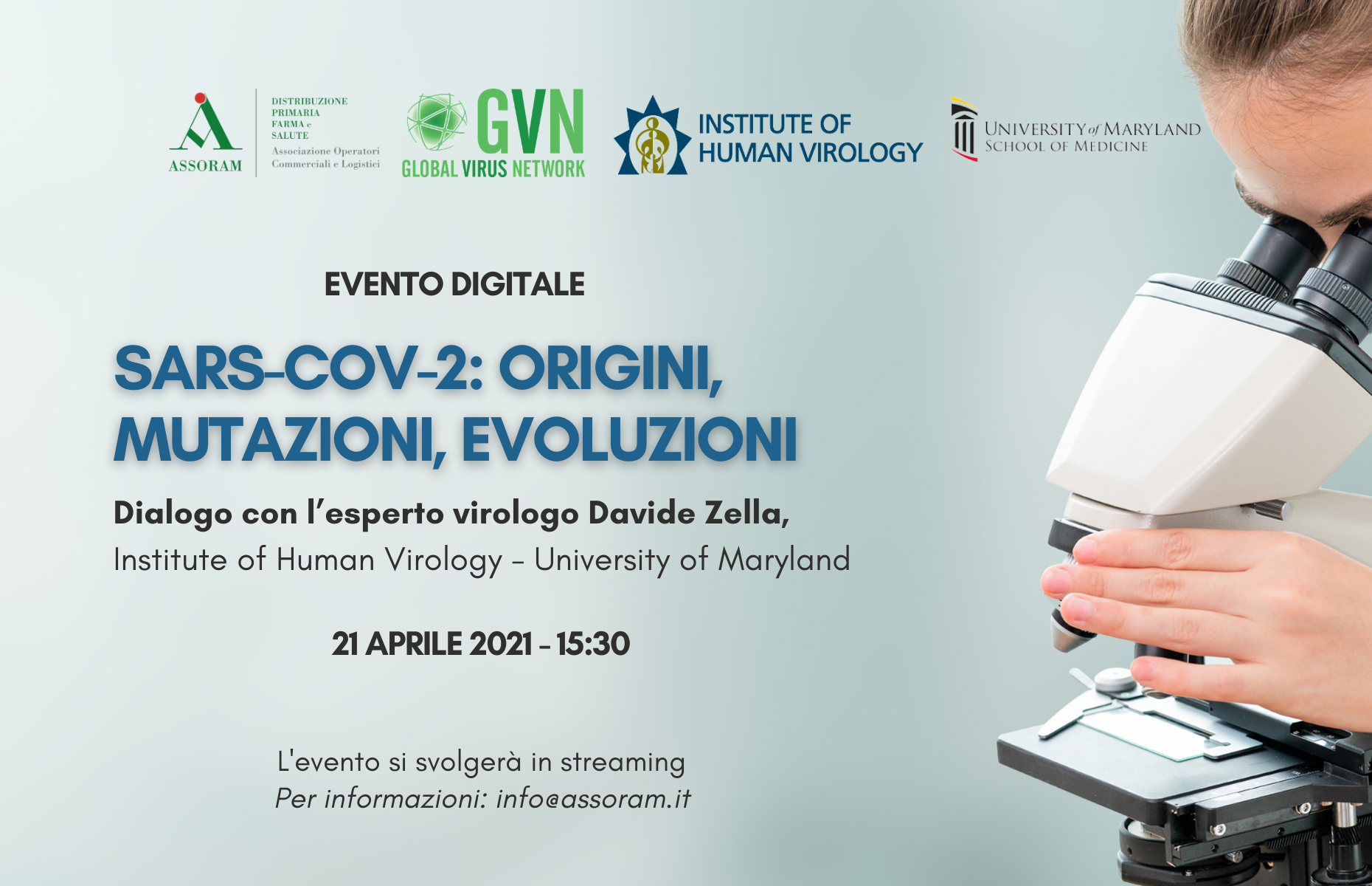 Scopri di più sull'articolo 21/04 – SARS-CoV-2: origini, mutazioni, evoluzioni – In dialogo con l’esperto internazionale di virologia Dott. Davide Zella